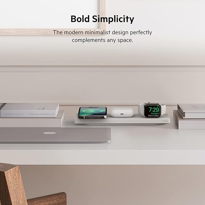 Belkin MagSafe 3-in-1 Wireless Charging Pad - Fast Charging for Apple Watch, iPhone 17, 16, 15, 14 Series, AirPods, & More - MagSafe Charging Station for Multiple Devices White (Certified Refurbished)