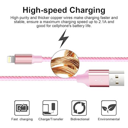 cugunu iPhone Charger, 5 Pack 3/3/6/6/10FT Apple MFi Certified USB Lightning Cable Nylon Braided Fast Charging Cord Compatible for iPhone 14/13/12/11/X/Max/8/7/6/5/SE/Plus/iPad - Pink
