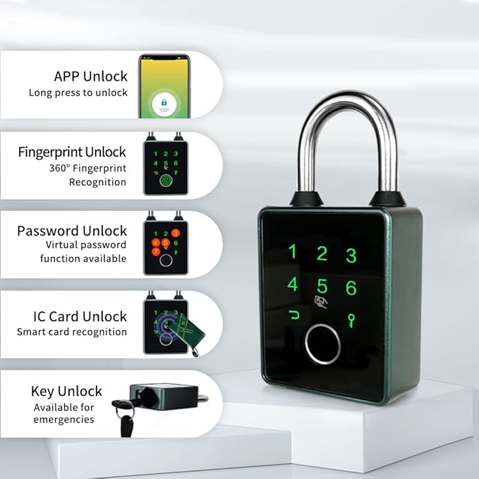 Smart Padlock with Key,Fingerprint Padlock Bluetooth Pad Lock with Code Tuya App 7.5mm Schackle Suitable for Gate Gym Warehouse School Fence,Outdoor,Warehouse, Sports, Bike
