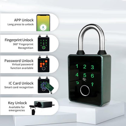 Smart Padlock with Key,Fingerprint Padlock Bluetooth Pad Lock with Code Tuya App 7.5mm Schackle Suitable for Gate Gym Warehouse School Fence,Outdoor,Warehouse, Sports, Bike