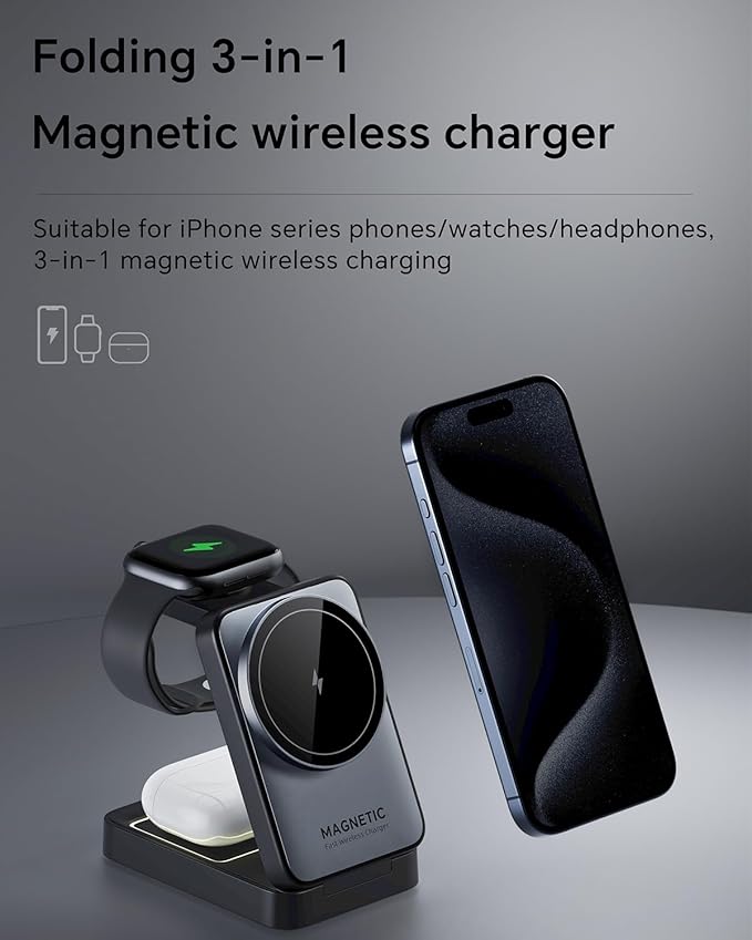 2025 Upgraded 3-in-1 Wireless Charger for iPhone,Travel Magnetic Charger Stand Nightlight Foldable Wireless Charging Station Compatible with Magsafe Charger&iPhone 17/16/15/14/13,Apple Watch&AirPods