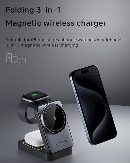 2025 Upgraded 3-in-1 Wireless Charger for iPhone,Travel Magnetic Charger Stand Nightlight Foldable Wireless Charging Station Compatible with Magsafe Charger&iPhone 17/16/15/14/13,Apple Watch&AirPods