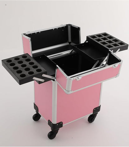 Pink Rolling Makeup Case, Professional Cosmetic Box Storage on Wheels, Large Make Up Train Carrying Cases w/4 Organizer Trays, Cosmetic Case Trolley with Locks for Makeup/Nail Art/Hair Styling