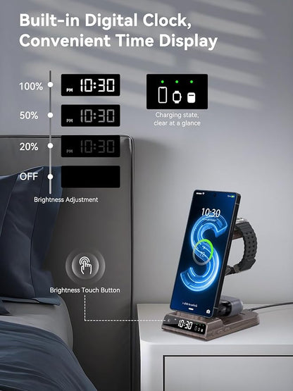 Wireless Charger for Samsung Charging Station with Clock for Samsung Galaxy S25 Ultra/S24 Ultra/Z Flip 7/ZFold6/Galaxy Bud, 3 in 1 Charger Station Watch Charger for Galaxy Watch 8/7/6/5Pro(Wood Grain)