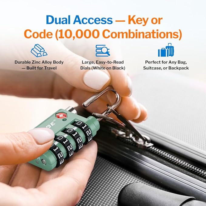 Forge Dual-Opening: Key or Combination Lock, TSA Approved Lock for Luggage, Pelican case, Travel, Gym, School, Luggage Combination Lock, Travel Bag Lock (4 Colors 4 Pk)