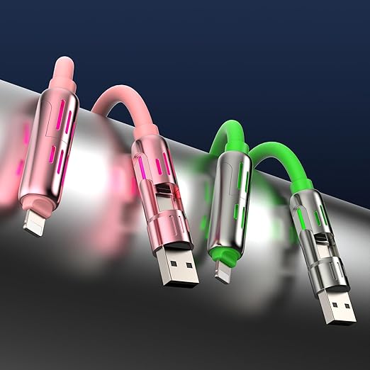 MFish 240W 4-in-1 Universal USB Charging Cable [2 Pack, 6.6ft] – Fast Charger Cord with USB-A, Dual USB-C & Lighting, for iPhone 14/15/16/17 Series, iPad & MacBook & More (2PACK, Pink+Green, 6.6Ft)