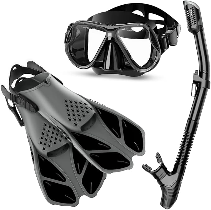 Zenoplige Mask Fins Snorkel Set, Snorkeling Gear for Adults, Panoramic View Snorkel Mask Anti-Fog, Adjustable Dive Flippers, Dry Top Snorkel and Travel Bag, Scuba Gear for Swimming Snorkeling Diving