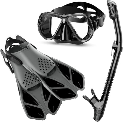Zenoplige Mask Fins Snorkel Set, Snorkeling Gear for Adults, Panoramic View Snorkel Mask Anti-Fog, Adjustable Dive Flippers, Dry Top Snorkel and Travel Bag, Scuba Gear for Swimming Snorkeling Diving