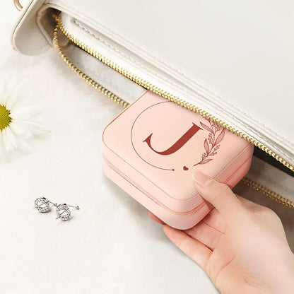 SANDJEST Personalized Jewelry Box, Pink Small Travel Jewelry Box with Initial J, Monogrammed Jewelry Case Organizer for Girls Women Teen, Mini Travel Essentials Gifts for Christmas Birthday