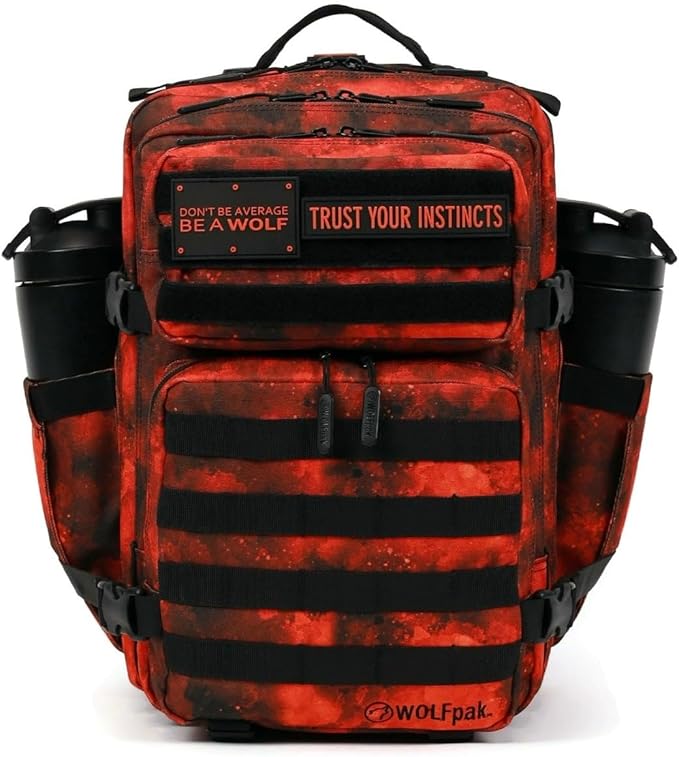WOLFpak 35L Athletic Gym Backpack - Durable 1000D Waterproof Oxford Material with MOLLE Webbing, Laptop Pocket & Dual Cup Holders, Durable Fitness/Travel/Military Daypack (Blood Orange)