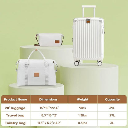 Joyway 20in Carry On Luggage with Cup Holder and USB Port, 25% Expandable Capacity, Smart Suitcase with Anti Slip Wheels and Handbag, Perfect for Men and Women 3 Piece Set White