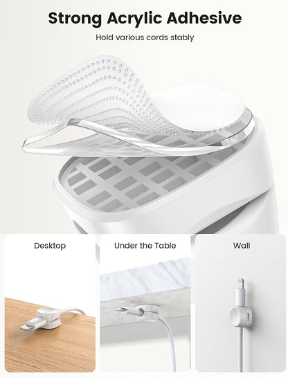 8Pack Cord Organizer [1s Lock] Spring Cable Management Clips - Lamicall Desk Cord Holder, Adhesive Cute Round Cable Clip, Phone Charger Wire Organizer Keeper for Nightstand Car Office Accessory, White