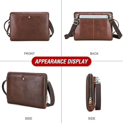 Top Grain Leather 14.2" Slim Laptop Bag Case, Handmade, Adjustable Strap & 2 Pockets, Compatible with MacBook Pro 14 inch 2021 2022 M1 Pro/M1 Max A2442 & Other PC, Red Coffee 14.2 Inch