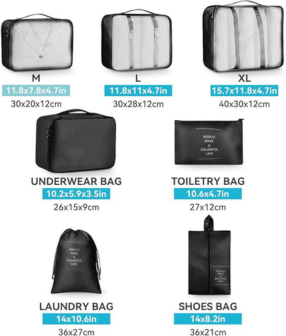 AnyZip Luggage Sets 10 Piece Hardshell Suitcase Set PC ABS Lightweight Travel Suitcases with 4 Double Spinner Wheels TSA Lock 20 24 28 Inch with 7 Storage Bags Black