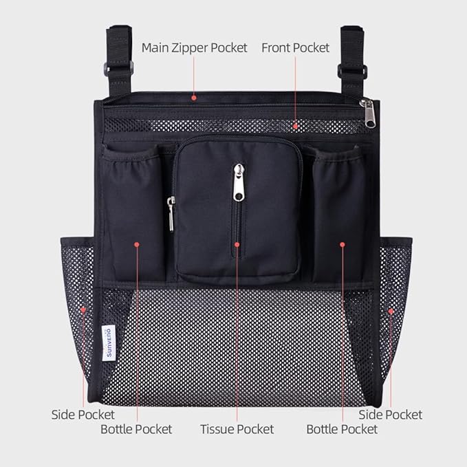 SUNVENO 2-pack Universal Stroller Organizer Caddy with Cup Holders, Wipes Pouch and Extra Storage, Zippered Mesh Side Sling for Pushchair, Black
