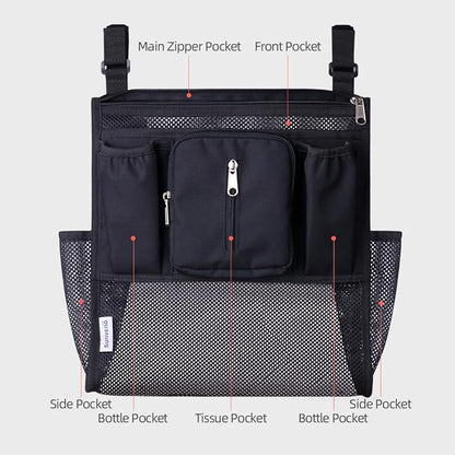 SUNVENO 2-pack Universal Stroller Organizer Caddy with Cup Holders, Wipes Pouch and Extra Storage, Zippered Mesh Side Sling for Pushchair, Black