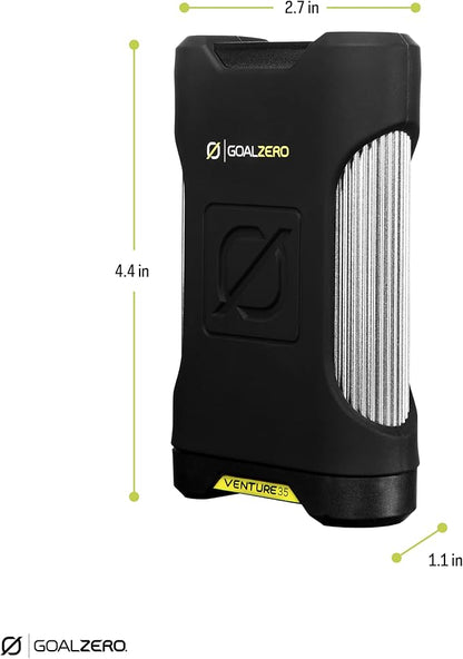 Goal Zero Venture 35 Portable Charger Power Bank with Nomad 10 Solar Panel Kit 9600mAH 18W USB-C Power Delivery Port, 2 USB Outputs IP67 Rating 50 Lumens Flashlight