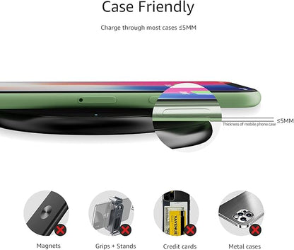 Amazon Basics 15W Qi Certified Wireless Charging Pad for iPhone 16/15/14/13/12/11/X, Samsung and More, with USB Cable, Black