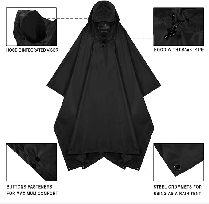 Hooded Rain Poncho for Adult, Waterproof Lightweight Raincoat for Hiking Camping
