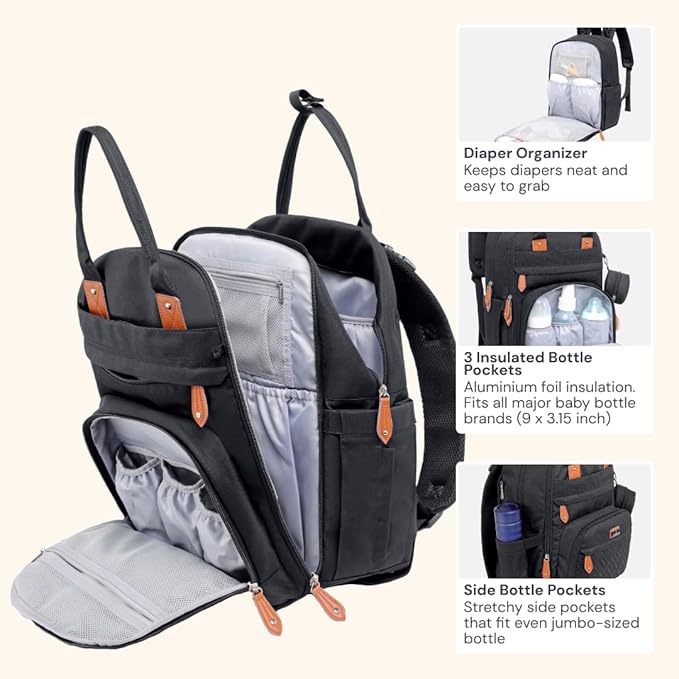 BabbleRoo Diaper Bag Backpack - Baby Essentials Travel Tote - Multi Function Water Resistant Diaper Bag, Travel Essentials Baby Bag with Changing Pad, Stroller Straps & Pacifier Case - Unisex, Black