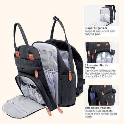 BabbleRoo Diaper Bag Backpack - Baby Essentials Travel Tote - Multi Function Water Resistant Diaper Bag, Travel Essentials Baby Bag with Changing Pad, Stroller Straps & Pacifier Case - Unisex, Black