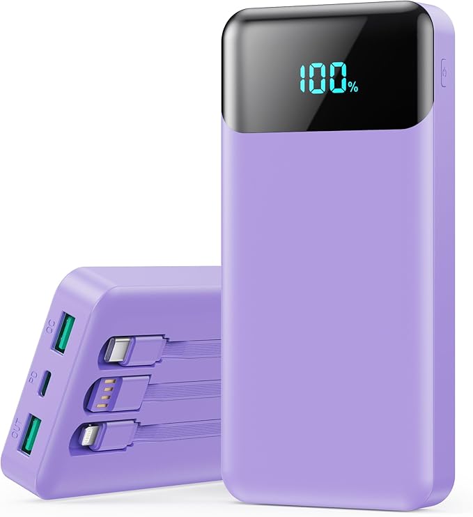 Portable Charger 40800mAh Power Bank with 3 Built-in Cables,PD 25W USB C in&Out Power Bank Fast Phone Charging,QC4.0 5 Output Travel Camping Essential Battery Pack for iPhone 17/16,Samsung etc-Purple