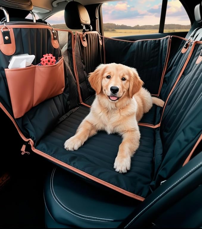 Owleys Hard Bottom Pet Seat Cover for Back Seat – Heavy Duty Waterproof Dog Hammock Bed –Travel Protector for SUVs, Sedans & Trucks – Foldable Design - 2 Pockets – Mesh Ventilation Windows