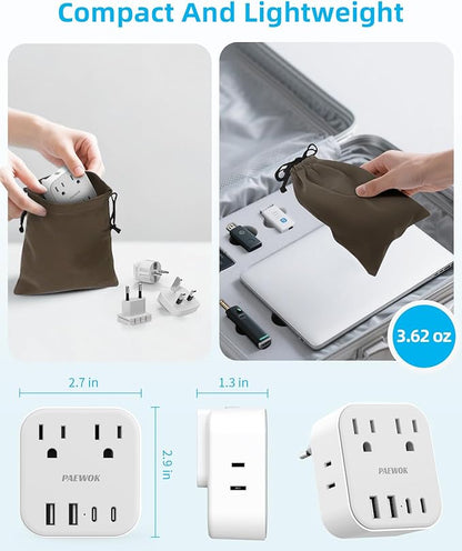 European Travel Plug Adapter Set, 8-in-1 Travel Adapter with 4 Outlets, 4 USB Ports (2 USB C), US to UK/EU Universal Travel Adapter, International Power Adapter with Type G/E/F/C Detachable Plugs