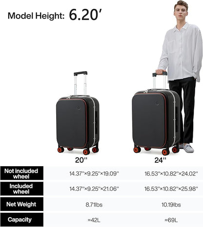 mixi Carry On Luggage, 20'' Suitcase with Front Laptop Pocket, Travel Rolling Luggage Aluminum Frame PC Hardside with Spinner Wheels & TSA Lock and Cover - Black Hollow Wheel