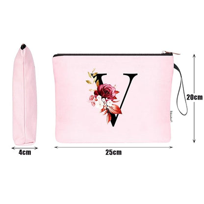 Vavabox A-Z Personalized Makeup Bag, Birthday Gifts for Women Mom, Gifts for Best Friend, Bride Bridesmaid Cosmetic bag (V, Pink)
