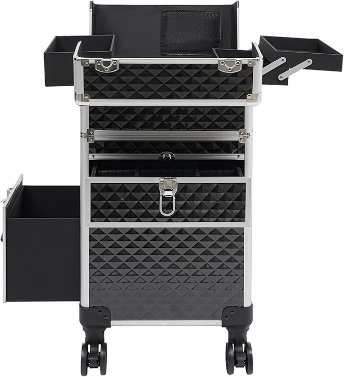 Makeup Train Case With 360° Rotation Wheels Multi-Functional Cosmetic Trolley with Drawer Large Storage Traveling Cart Trunk Black for Nail Technicians Hairstylist