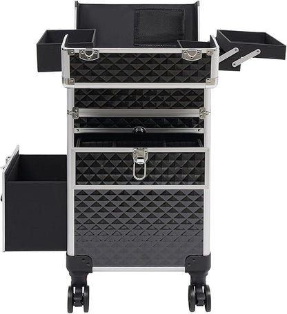 Makeup Train Case With 360° Rotation Wheels Multi-Functional Cosmetic Trolley with Drawer Large Storage Traveling Cart Trunk Black for Nail Technicians Hairstylist
