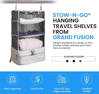 Grand Fusion Stow-N-Go Portable Hanging Travel Shelves, Packing Organizer for Luggage. Carry on Closet with Hanger for Clothes. Expandable Packing Cube. Travel Essentials, Light Gray - L