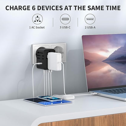 EPICKA Universal Travel Adapter, GaN International Plug Adapter with 3 USB-C 70W PD Fast Charging & 2 USB-A Adaptor All-in-one Wall Charger for USA EU UK AUS (TA-105 Pro, Black)