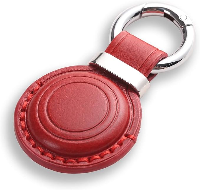 Genuine Leather Keychain Holder Compatible with AirTag - Secure Case Cover Key Ring Chain Fob Accessories Intended for Air Tag - Dark Red