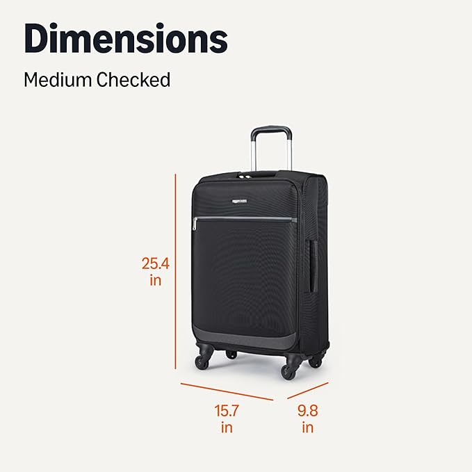 Amazon Basics Luggage, 23" Medium Checked Softside Suitcase With Wheels, With Four 360-Degree Multi-directional Spinner Wheels, Expandable Space, Zippered Pocket and Straps, Telescopic Handle, Black
