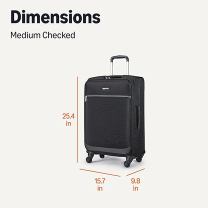Amazon Basics Luggage, 23" Medium Checked Softside Suitcase With Wheels, With Four 360-Degree Multi-directional Spinner Wheels, Expandable Space, Zippered Pocket and Straps, Telescopic Handle, Black