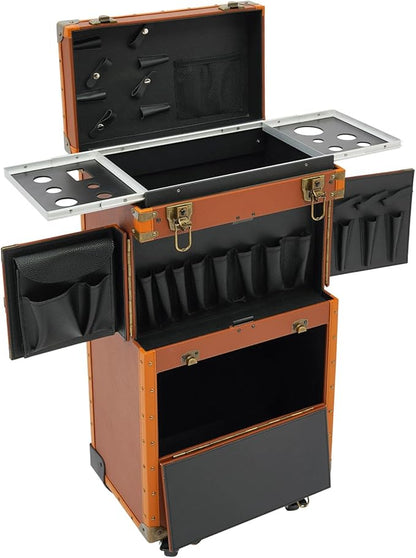 Beauty Rolling Makeup Train Case, Professional Lockable Rolling Salon Luggage, Retro-Rolling Cart Storage Organizer Trolley Make Up Case, 4 Universal Wheels, Retractable Rod, Buckle (Coffee Color)