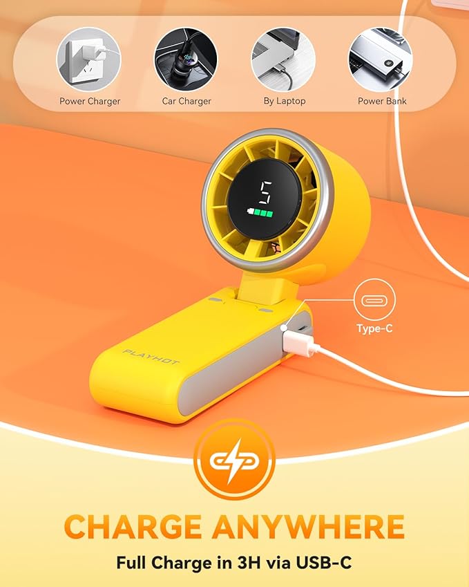 Portable Handheld Turbo Fan, 5-Speed Personal Fans, 5000mAh Rechargeable Fans Up to 12 Hours, Weight only 0.6lb Small Fan, Hand/Neck/Desk Fan 3 IN 1, Beach Vacation Essentials(Yellow)