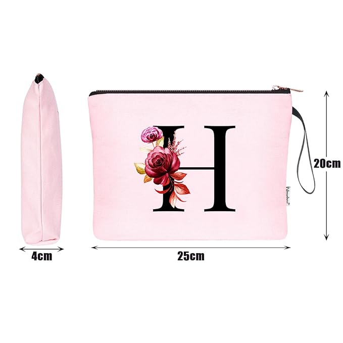 Vavabox A-Z Personalized Makeup Bag, Birthday Gifts for Women Mom, Gifts for Best Friend, Bride Bridesmaid Cosmetic bag (H, Pink)