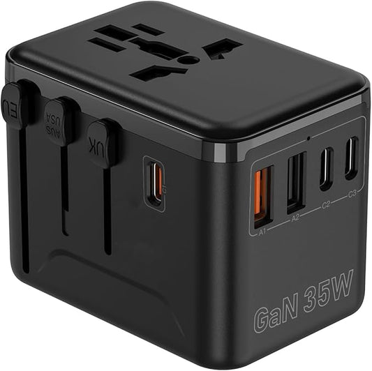 Universal Travel Adapter, GaN 35W International Plug Adapter with 2 Type C & 2 USB and 1 Quick Charging Port Type C, All in One Worldwide Travel Plug Adapter, Available Plugs for EU/UK/AUS/US, Black