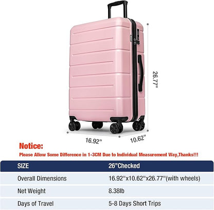 KYME 26 Inch Luggage TSA Approved Hardshell Suitcases with Spinner Wheels Durable Medium Travel Checked Luggage with Cup Holder for Women Men Pink