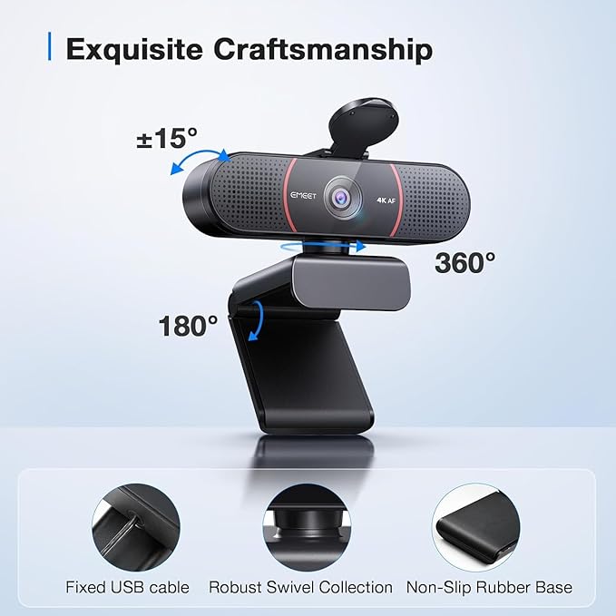 EMEET C960 4K Webcam with Tripod, 4K UHD Sony Sensor, 3 Adjustable Height Mini Tripod w/Privacy Cover, PDAF Auto Focus, Dual Noise-Cancelling Mics, Auto Light Correction, Perfect for Online Meetings