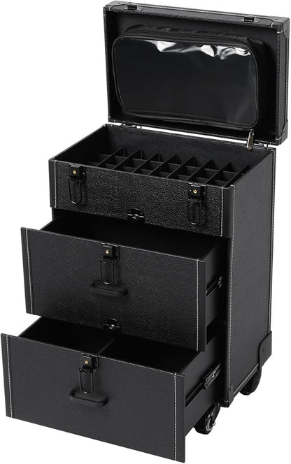 Rolling Makeup Case w/ 4 Keys, 3-tier Lockable Makeup Train Case w/ Drawers, Detachable Nail Polish Organizer, Travel Cosmetic Case w/ 3-gear Telescopic Rod, 13.98*9.06*22.64in, Black Latch+Black
