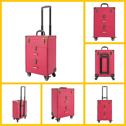 Rolling Makeup Case w/ 2 Keys, 3-tier Lockable Makeup Train Case w/ Drawers, Removable Baffle Nail Polish Organizer, Travel Cosmetic Case w/ 15-34in Telescopic Rod, 14.2*9*39.76in, Bronze Latch+Rose
