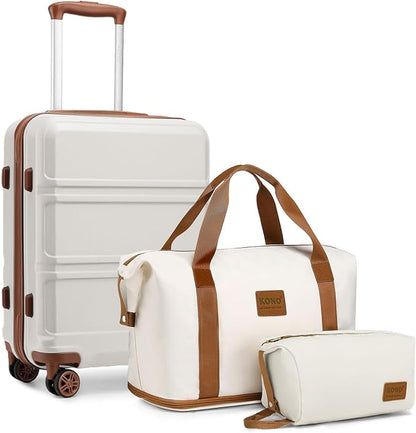Kono Suitcase Set 3 Piece Carry On Lightweight PC+ABS Hardside Luggage with TSA Lock Spinner Wheels (Cream White, 20in)
