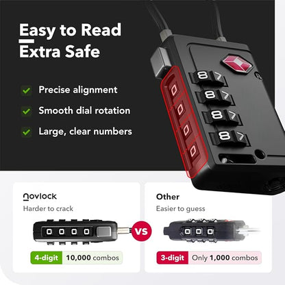 TSA Approved Luggage Locks | Inspection Indicator, 4-Digit Combination, Durable Zinc Alloy | for Suitcases, Backpacks, Travel Bags | Black, 2-Pack