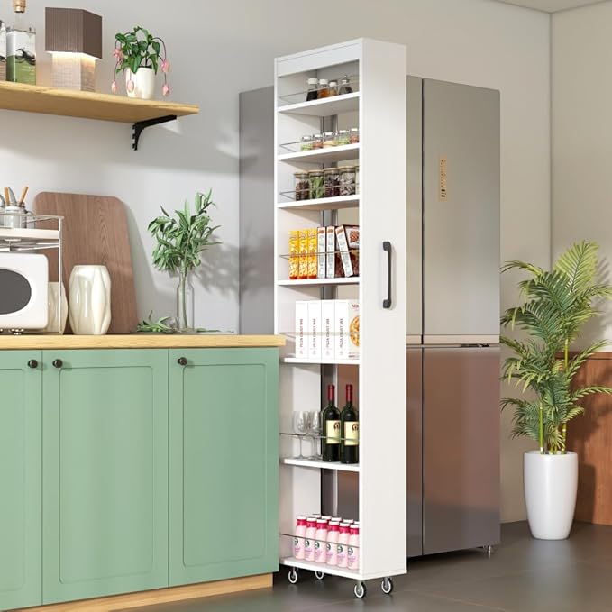 White 7-Tier Rolling Storage Cart - Slim Pull-Out Organizer Shelf with Wheels for Kitchen, Pantry, Living Room, Bathroom & Narrow Spaces (7.8" Wide)