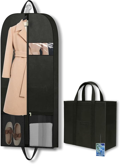 Large Heavy Duty Clothing Storage and Travel Garment Bag, Hanging Clothes Protector with Breathable Zippered Closet Organizer, Perfect for Suits Dresses Moving and Black Fabric Design