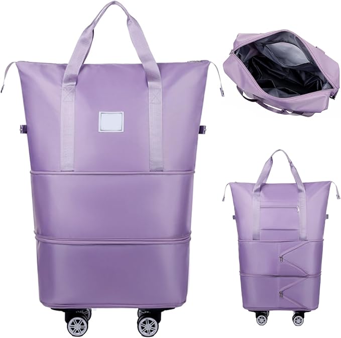 Rolling Duffle Bag with Wheels and Handle, Expandable Foldable Luggage Bag Purple